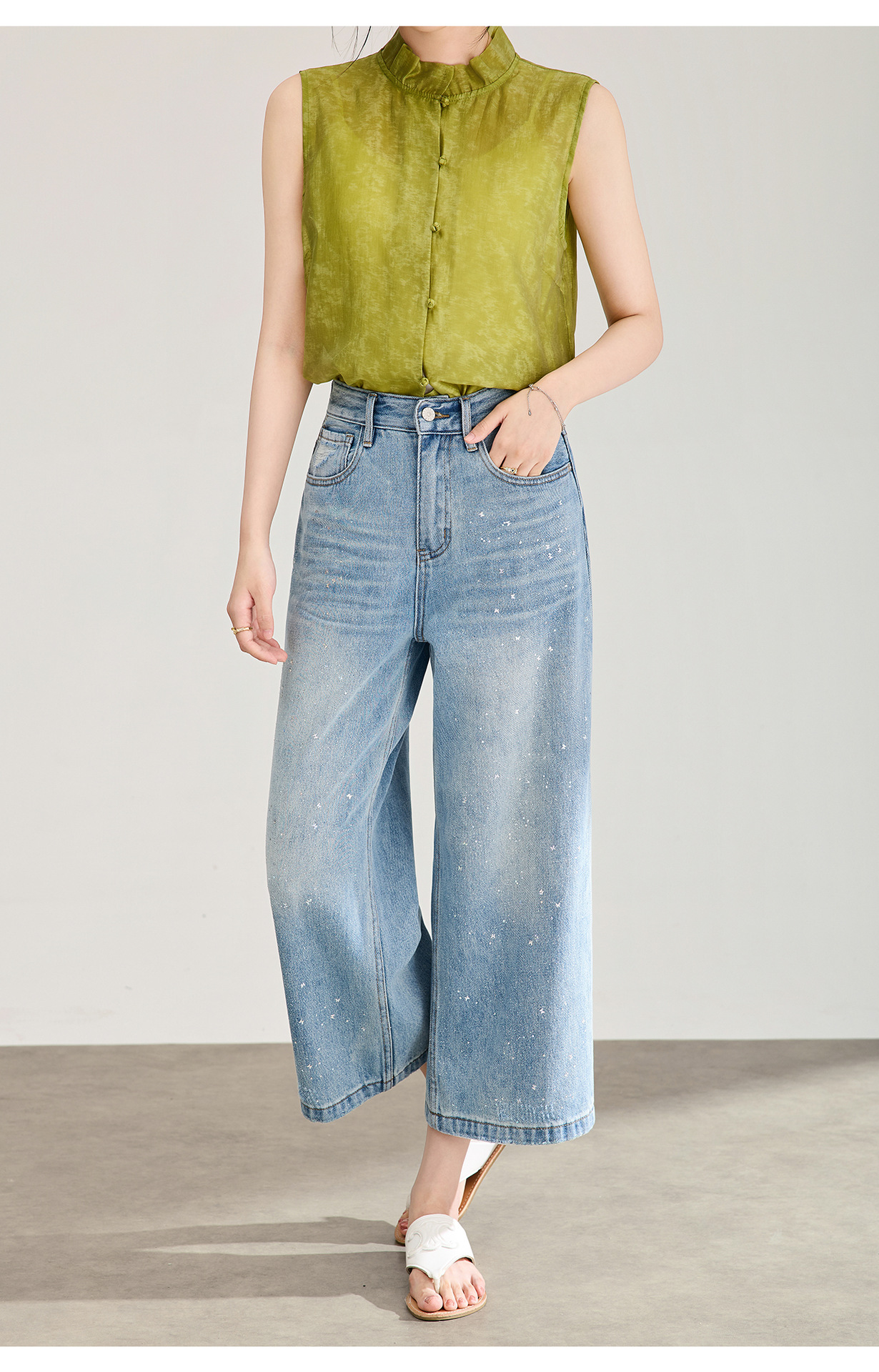 Quần jean nữ ống rộng cạp cao chất cotton mài trắng phối sequin bướm — xanh lam chi tiết 18
