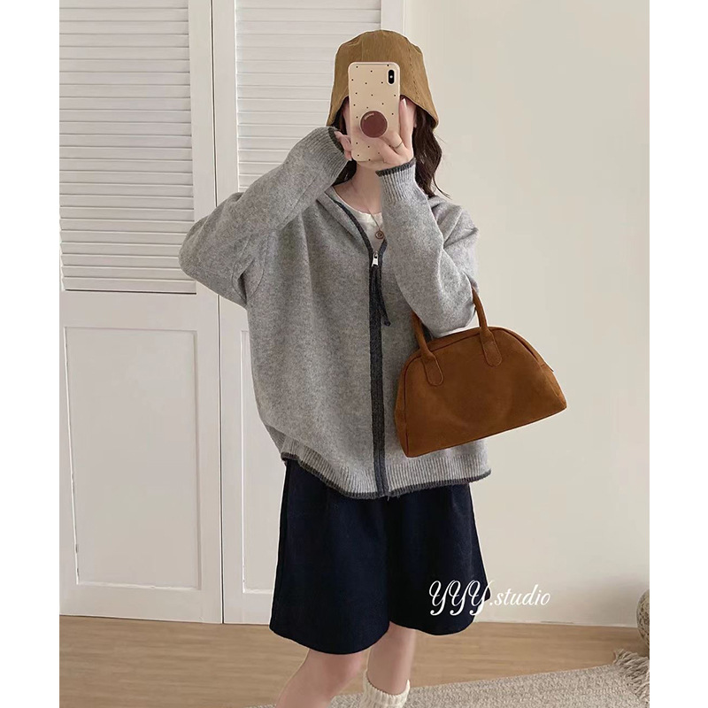 Korean Loose Zipper Knitted Cardigan Women's Autumn and Winter New Style Lapel Contrasting Color Design Chic Hooded Sweater Jacket