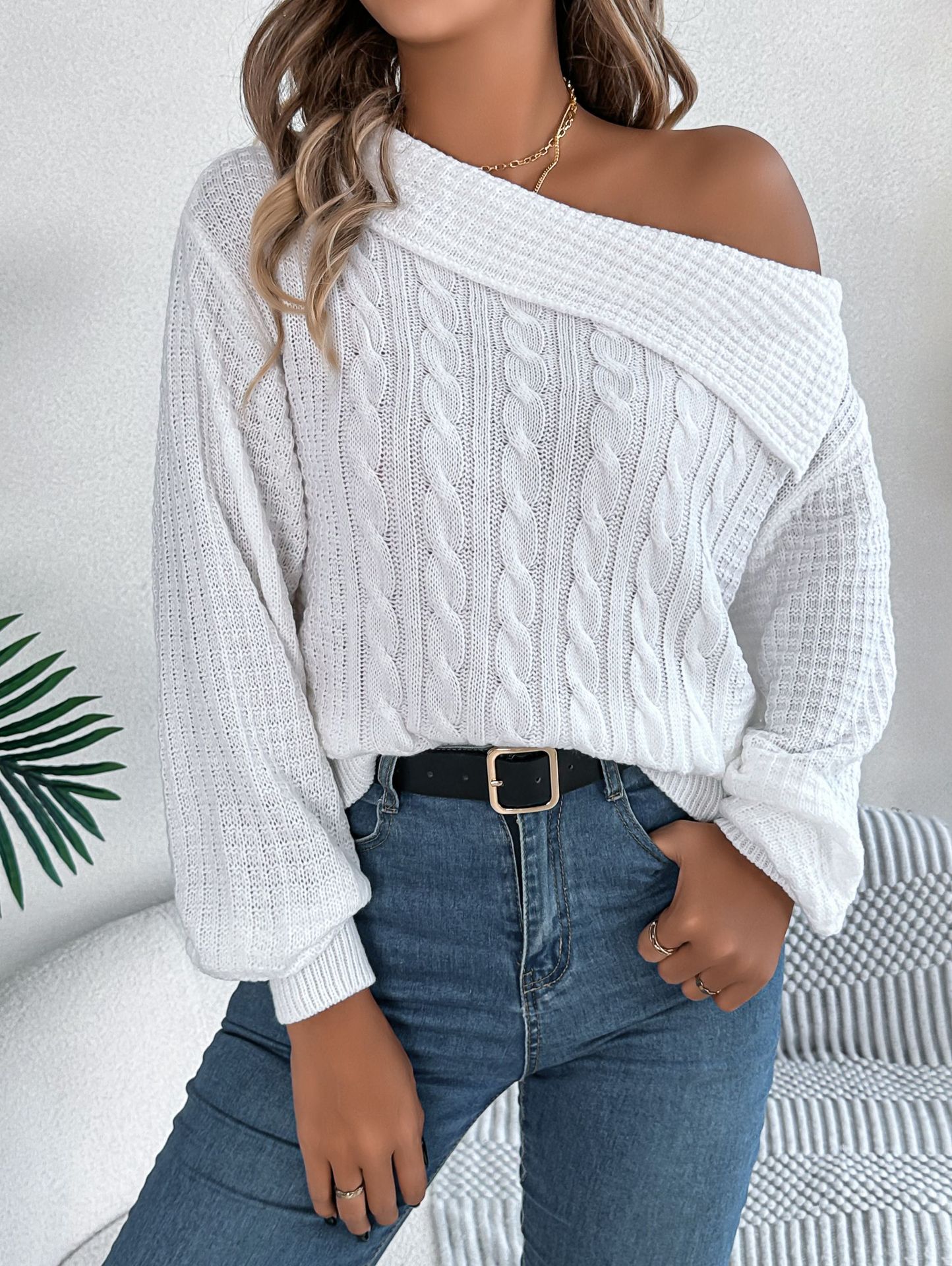 Women's Sweater Off Shoulder Lapel Twist Long Sleeve Pullover_voghion.com