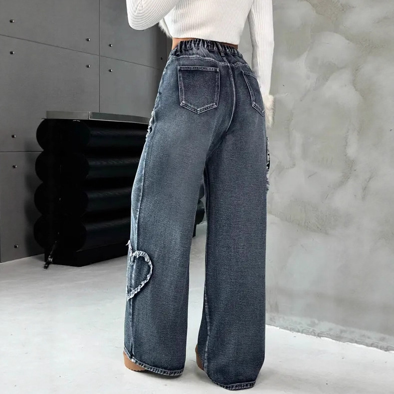 European And American Cross-Border Street Retro Heart Frayed Edge Patchwork Heavy Washed Denim Women's Loose Straight_ecoleips.com