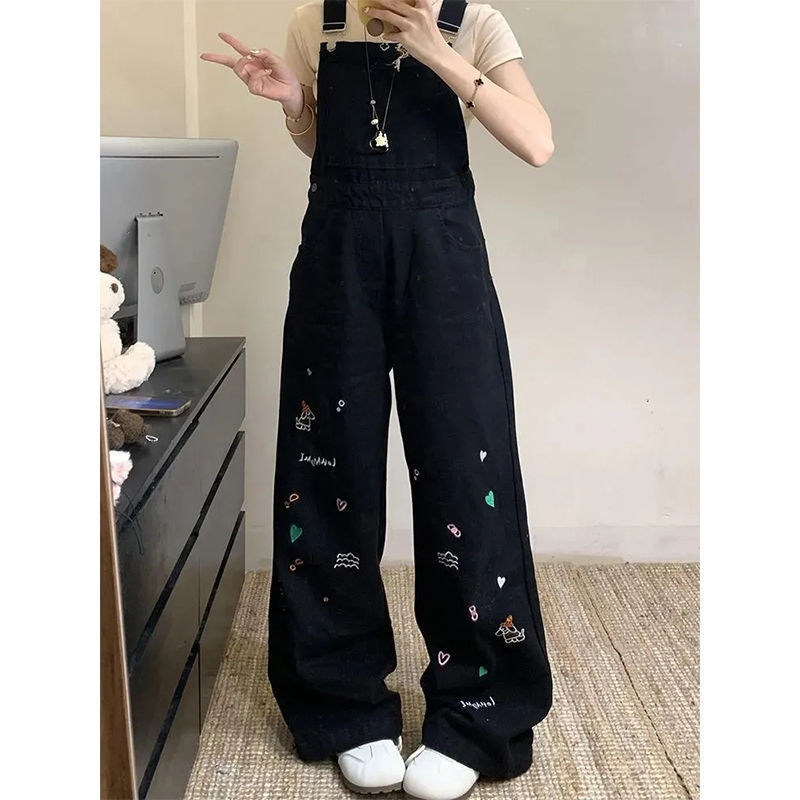 【韩牛】黑色重工刺绣2025秋季新款背带裤女美式复古设计感直筒裤|undefined
