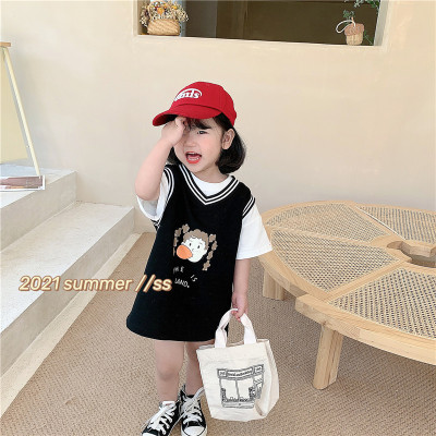 2021夏新款洋韓版氣背心女童吊帶連衣裙中小兒童運動休閑卡通裙子