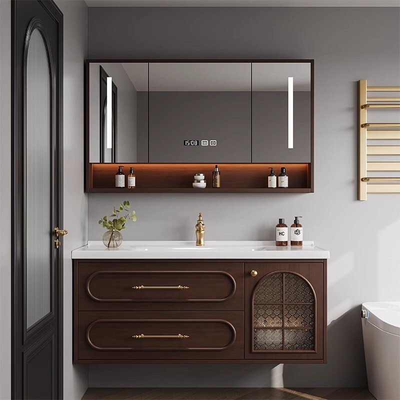 Oak Bathroom Cabinet Integrated Wall-Mounted Bathroom Sink Washbasin Combination Storage Smart Mirror Cabinet