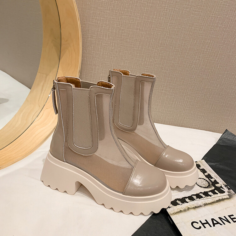 Boot ngắn nữ da bò mũi tròn đế dày thoáng khí khóa kéo sau — Màu đen, Màu mơ chi tiết 107