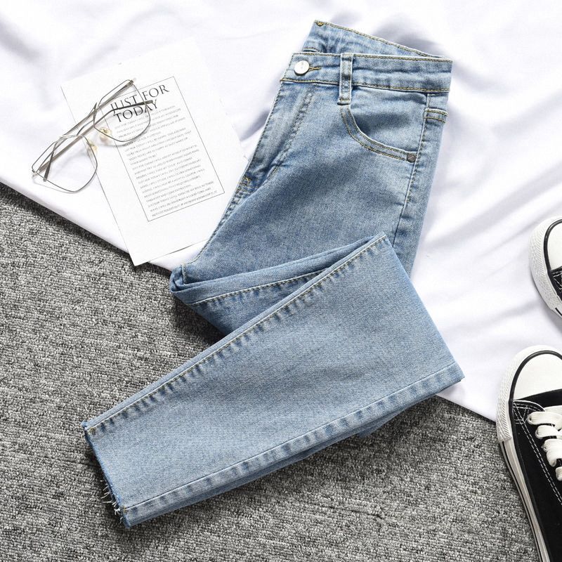 High-Waisted Light Blue Jeans for Women in Spring, Summer and Autum New Tight-Fitting Slimming Look Korean Style Student Small-Foot Nine-Point Pants High-Waisted Light Blue Jeans for Women in Spring, Summer and Autum New Tight-Fitting Slimming Look Korean Style Student Small-Foot Nine-Point Pants