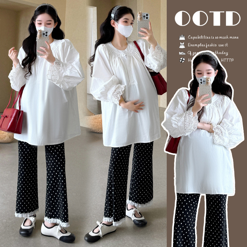 Maternity Autumn Outfit Korean Style Versatile Lace Splicing White Shirt Paired with Fashionable Polka Dot Pants Early Autumn Two-Piece Set