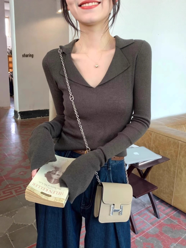 高级螺纹polo翻领针织毛衣女春季秋装V领法式内搭长袖打底衫上衣|undefined