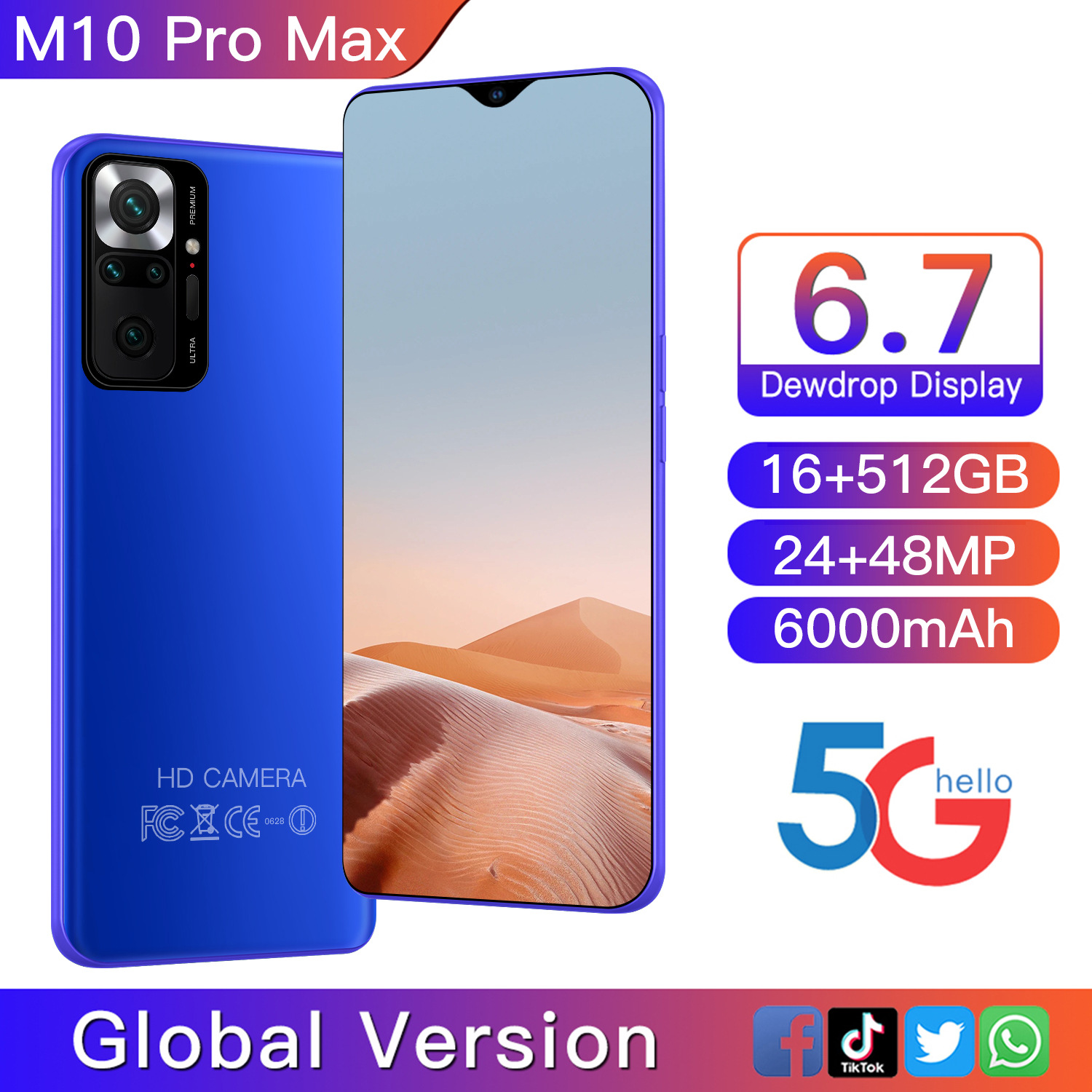 跨境手机M10 Pro Max智能手机(2+16）内存 6.7英寸水滴屏跑量手机