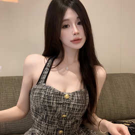 辣妹小香风粗花呢挂脖吊带背心女夏季新款修身显瘦洋气上衣
