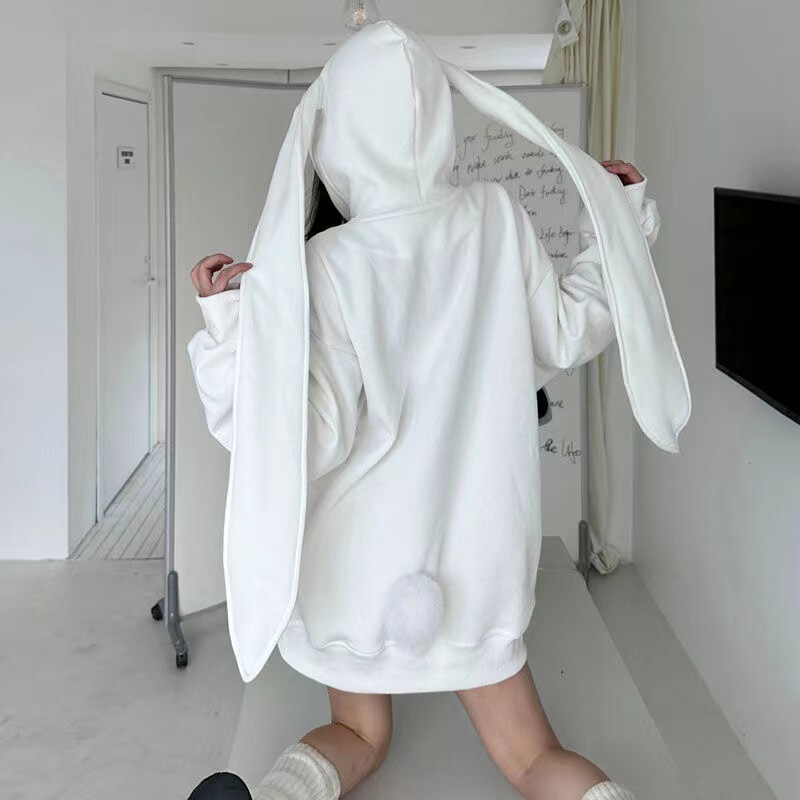 Milk fufu cute rabbit ears hooded zipper coat for women autumn and winter New loose sweater couple all-match cardigan