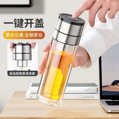 Quick-open cup with one-click lid opening, car glass cup, high-temperature resistant, double-layer high borosilicate water cup, one-piece drop shipping, large capacity