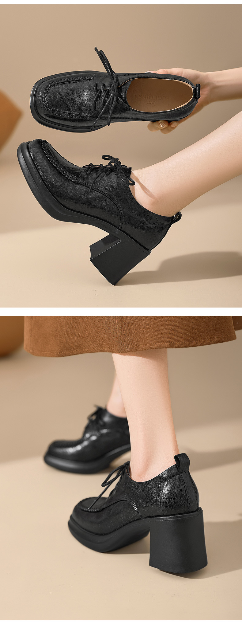 Giày cao gót nữ mũi tròn bít phong cách Anh quốc, gót 7.5 cm, quai buộc dây — màu nâu chi tiết 7