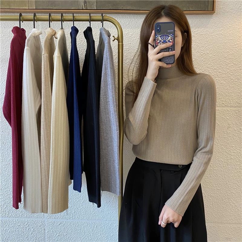 Autumn knitted sweater, Korean style, high collar, western style, fitted