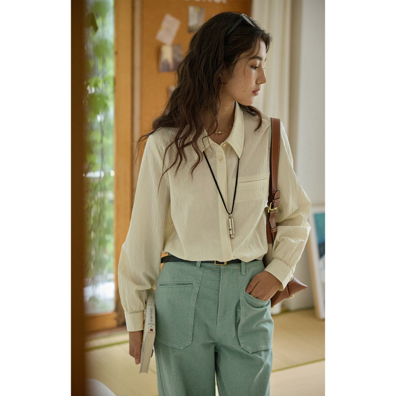 solighter法式复古莱赛尔蓝色长袖衬衫女秋季|undefined