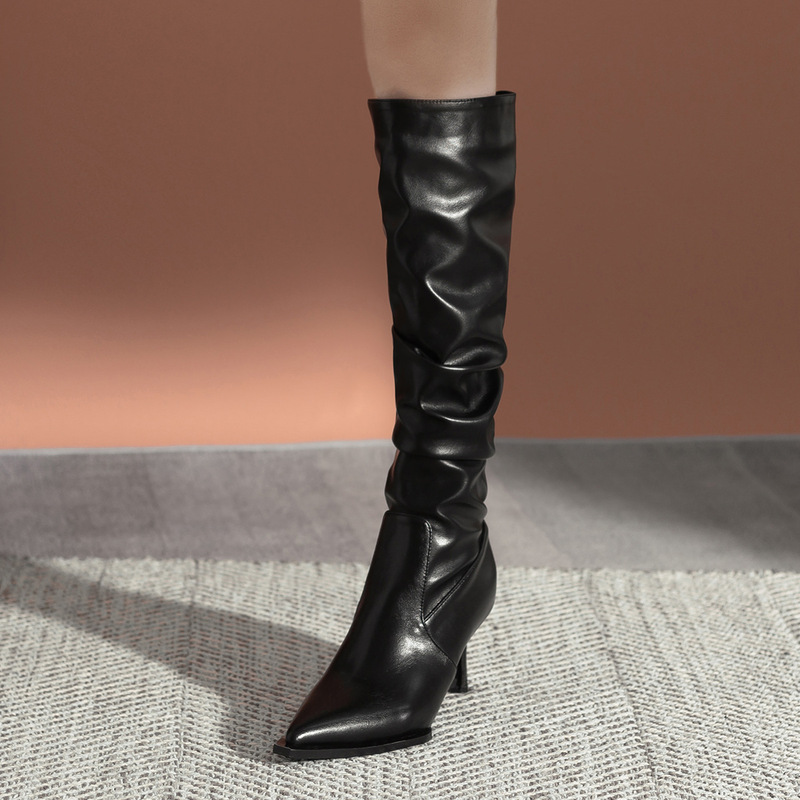 Knee-Length Wrinkled Boots, High-Top Retro Boots, Autumn and Winter Velvet Pile Boots, Stiletto High-Heeled Boots for Women, 2025 Hot Style