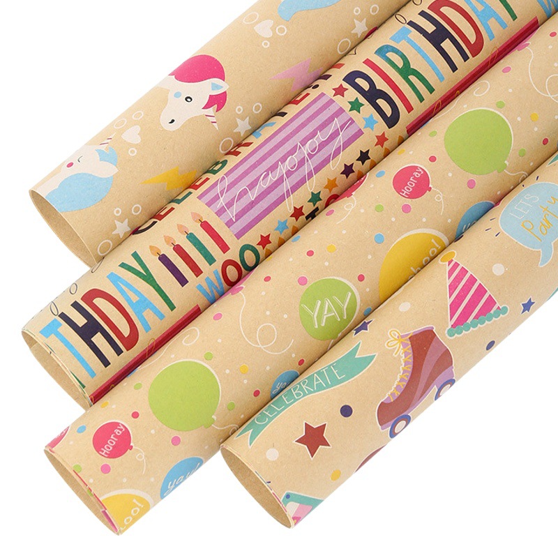 Transfronterizo nuevo feliz cumpleaños papel de embalaje de papel Kraft lindo libro de dibujos animados papel de regalo en stock al por mayor