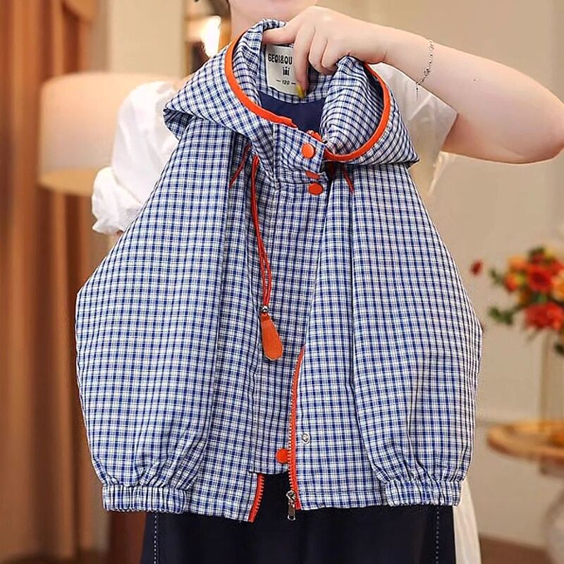 Girls Plaid Tops Spring and Autumn 2025 New Korean Style Children's Fashion Hooded Top Girls Autumn Windproof Tops
