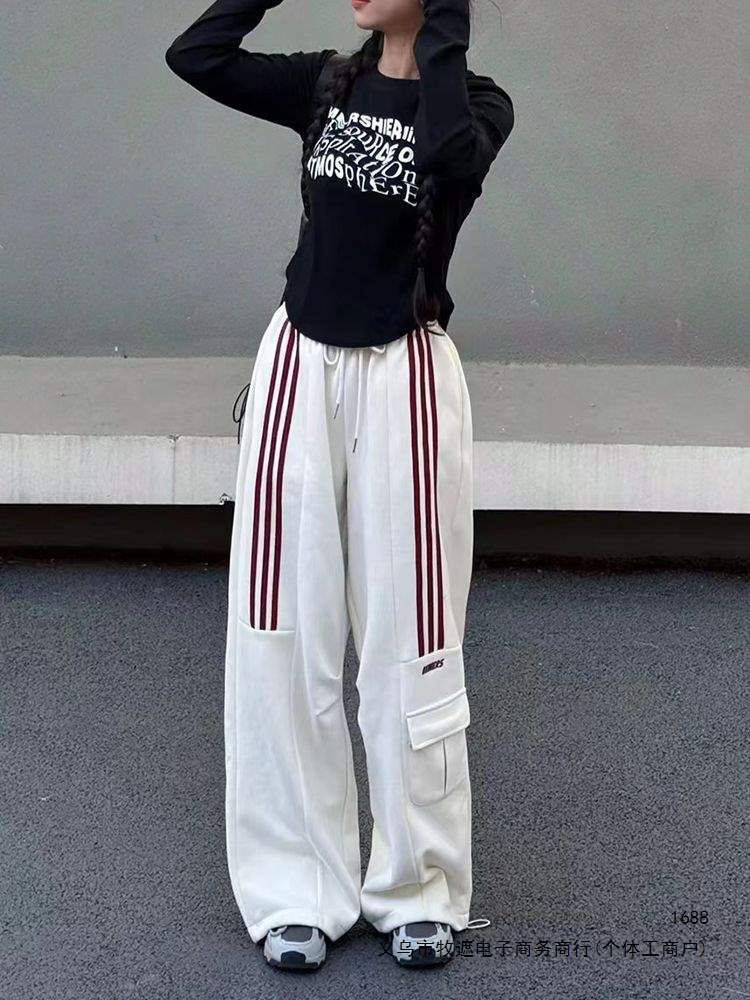 美式高街hiphop阔腿裤女秋冬加厚宽松复古工装爵士卫裤休闲运动裤