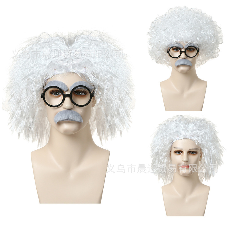 Einstein cosplay wig white braid corn perm old professor explosive head wig cross-border hot sale