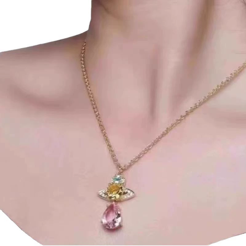 Pendant Necklace (Vivienne) Queen Mother Saturn design, pink crystal teardrop, clavicle chain