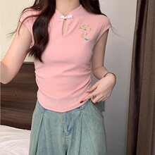 新中式国风设计感盘扣短袖t恤女2026夏季褶皱收腰bm风短款上衣潮