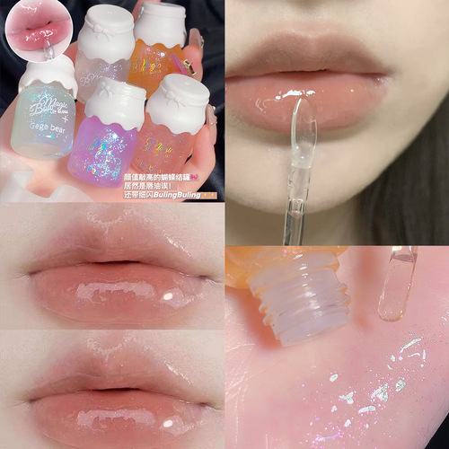 Gege bearGege bear bow milk jar lip gloss moisturizing mirror water gloss with fine glitter pouty lips