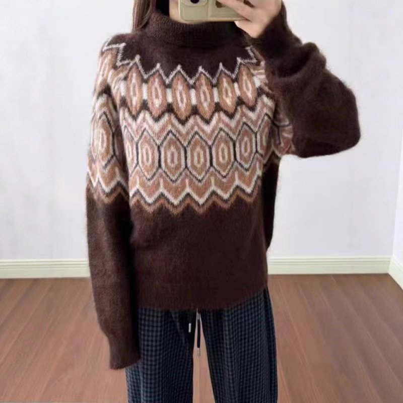 2025 New Autumn and Winter French Retro Jacquard Dark Brown Turtleneck Fair Isle Style Knitted Sweater Tops for Women