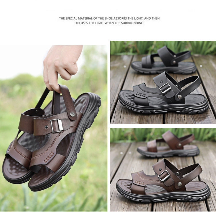Dép sandal nam quai ngang đế bằng mềm nhẹ thoáng khí kiểu hai cách mang — Màu nâu, màu đen chi tiết 9