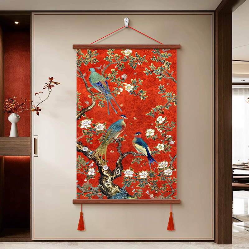 New Chinese-Style Flower and Bird Hanging Painting on the Branch of the Tree, Living Room Sofa Background Decorative Painting with Good Meaning, Niche Painting for Entrance Hall