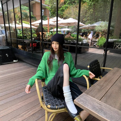实拍 韩系宽松休闲设计感彩色纽扣毛衣高腰百搭pu皮中裤套装89326
