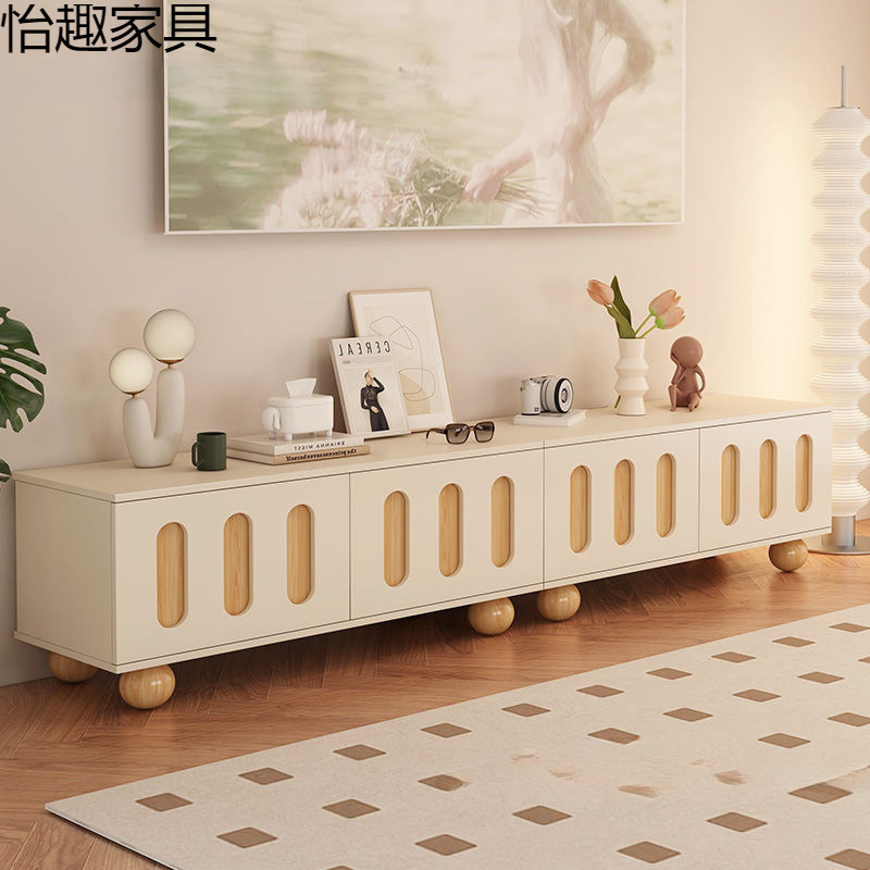 Simple Household Solid Wood Legs Floor-Standing Small Apartment New Tv Cabinet Light Luxury Cream Style Tv Cabinet Living Room Modern