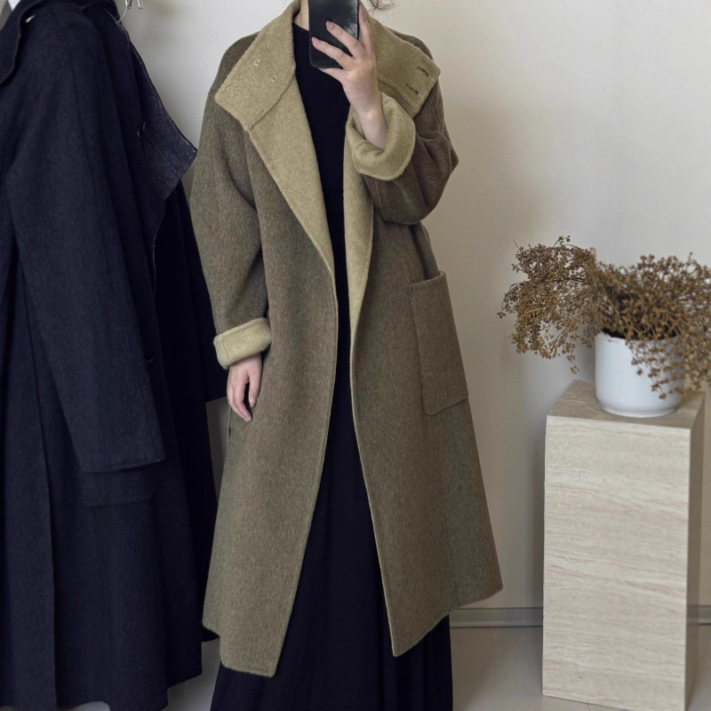 Korean Hepburn Style Double Color Ab Face Stand Collar Double-Sided Wool Outwear Women's Extended Bathrobe Style Woolen Outwear