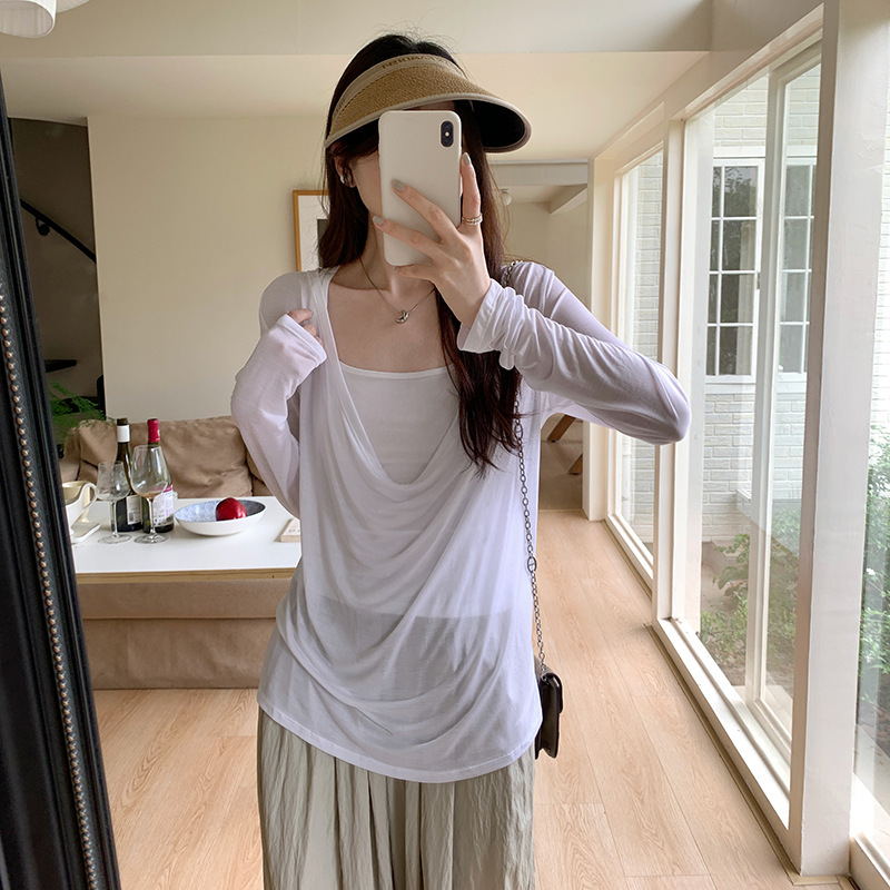 実写図ライゼル天糸の襟の日焼け止めのブラウスの長袖のtシャツの女性の2025新型の夏のきれいな小さい上着|undefined