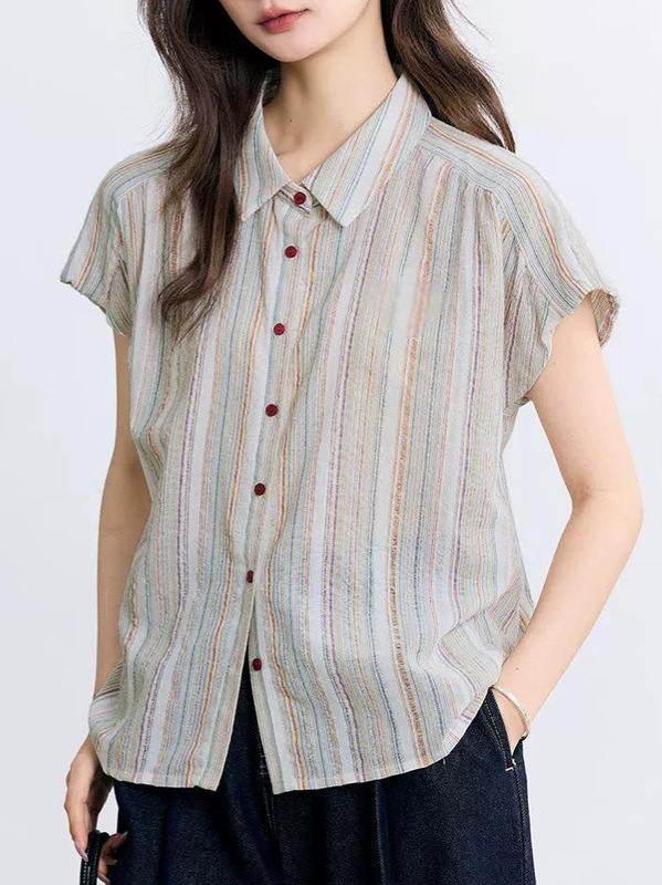 人气单品~绣花彩色条纹短袖衬衫女25夏季时尚连袖百搭舒适衬衣|undefined