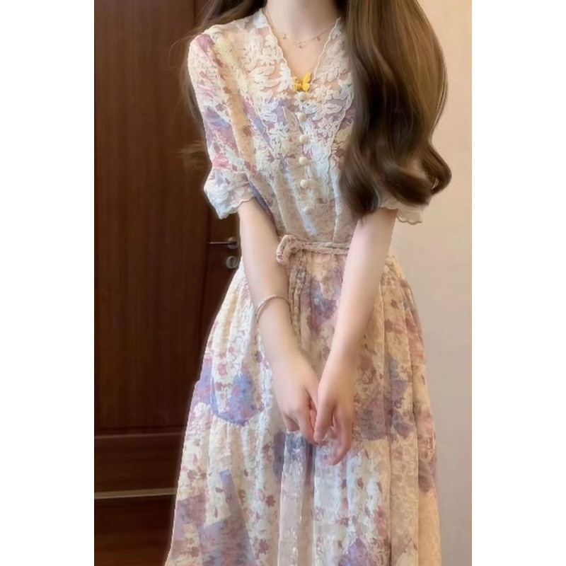 法式浪漫彩色提花蕾丝拼接V领连衣裙收腰抽绳气质长裙氛围感女装