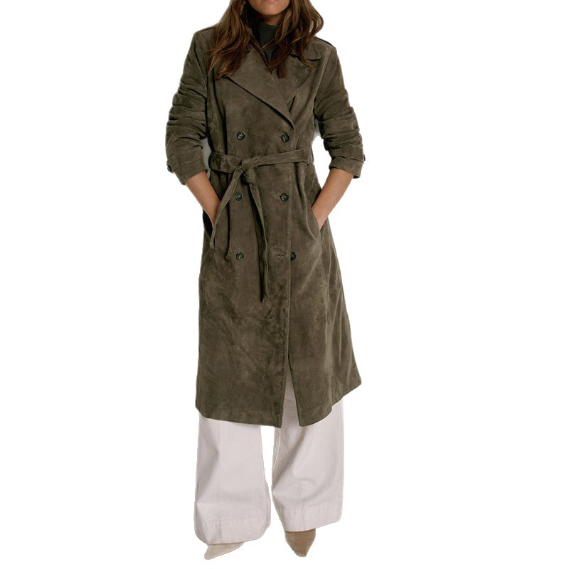 Damen-Trenchcoat in Wildlederoptik mit Gürtel und doppelreihiger Knopfleiste, mittellanger Herbst-Winter-Mantel, Militärgrün, Büro- und Freizeitbekleidung_voghion.com