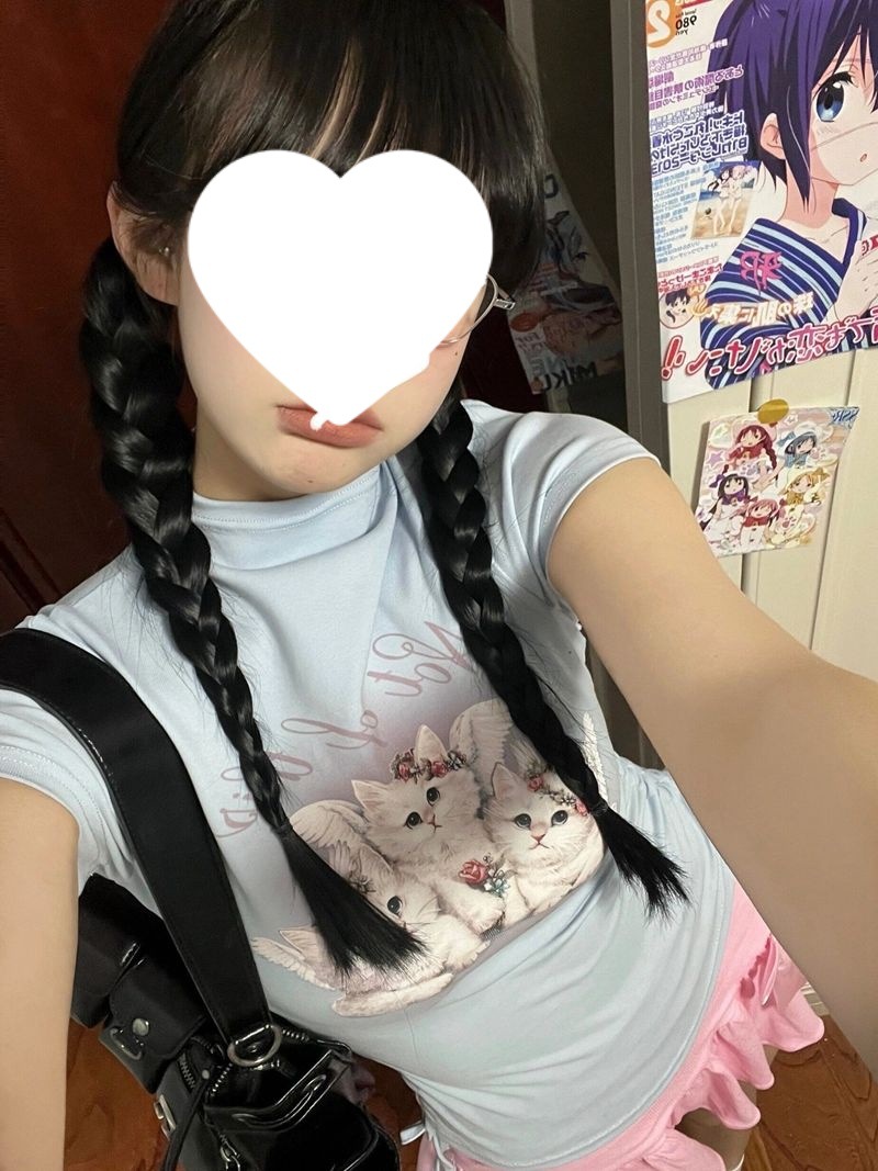 [210g 40 면] 새끼 고양이 프린트 반팔 티셔츠 여성용 세미 하이 칼라 슬림 드로우 스트링 스트랩 재킷