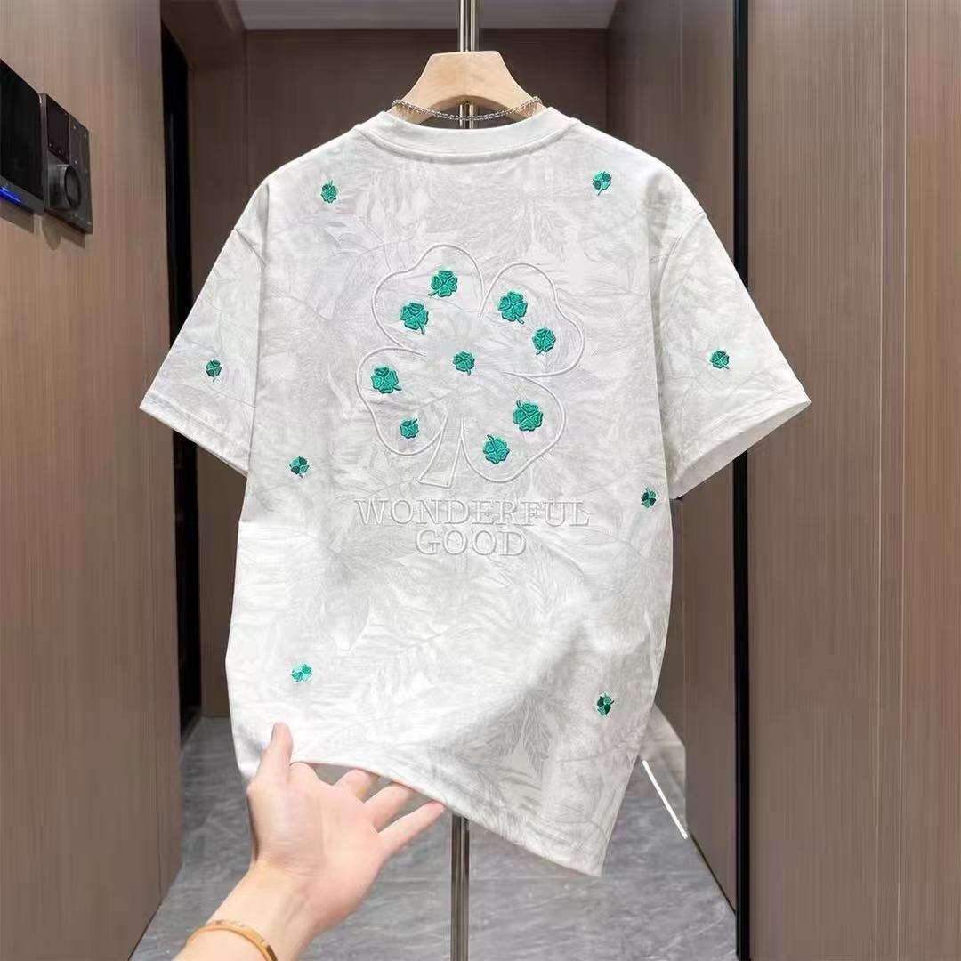 Men's Trendy Summer T-Shirt Style Casual Versatile Tie Dye Leaf Embroidery Short Sleeve Fashionable Lucky Four Leaf Clover_viptrois.com