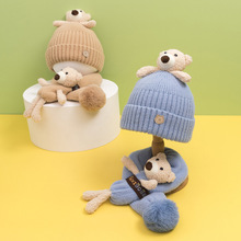 头顶小熊儿童帽子围巾二件套卡通保暖冬季2件套装帽子围脖2-10岁