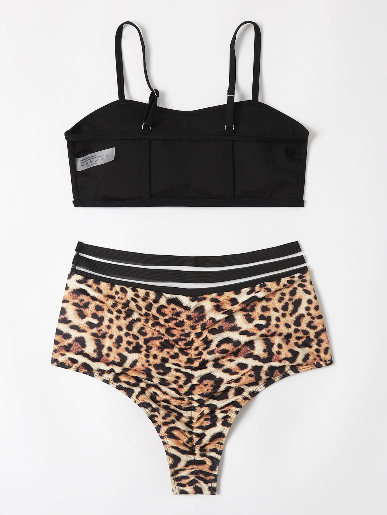 Conjunto de dos piezas Tankini con estampado de leopardo de cintura alta y sin espalda con cabestrillo NSCMB131008