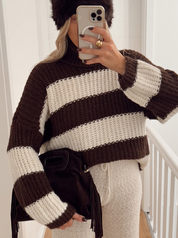 Suéter de punto a rayas de cuello alto estilo de moda coreano relajado 2025 otoño y invierno nuevo estilo transfronterizo europeo y americano image 4