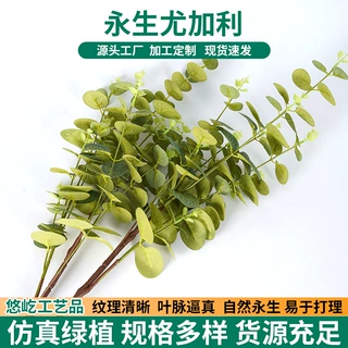 16叉尤加利叶金钱叶跨境婚庆插花搭配假花装饰永生花仿真绿植批发