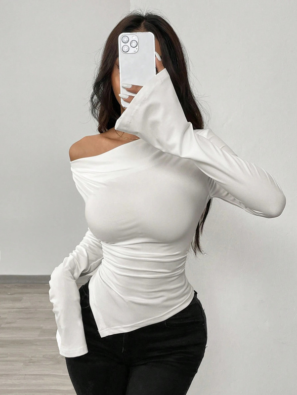 Pure Desire スリムフィット スイングカラー ローカット イレギュラー Tシャツ ホットガール フィギュアプリーツ ベルスリーブ ウエストトップ|undefined