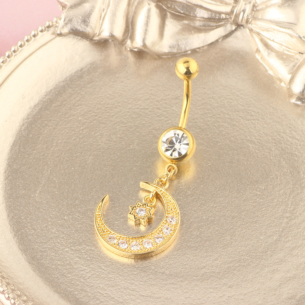 Gold Toad Moon Navel Ring Round Inlaid Zircon Belly Button Ring Body Jewelry detail image 7