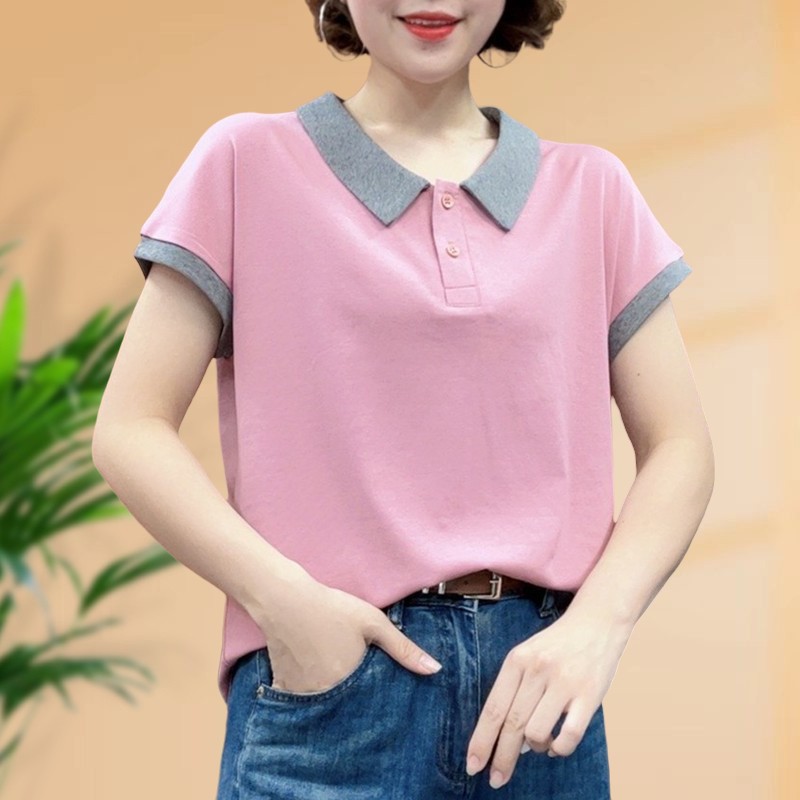 品质款2023夏季御姐风私服名媛拼接POLO领宽松型女式衬衫