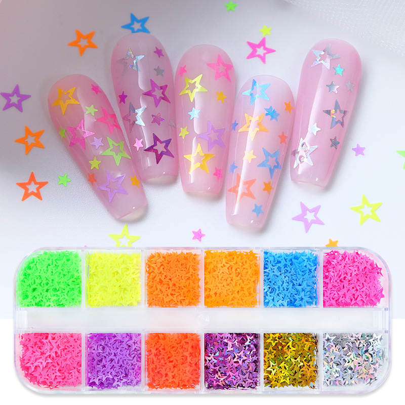 12-rejilla en caja de colores en forma especial lentejuelas mariposa amor flor estrella uñas DIY lentejuelas joyería al por mayor