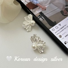 韩版人鱼裙摆ins风耳饰 S925纯银褶皱扇形花花珍珠耳钉小众设计师