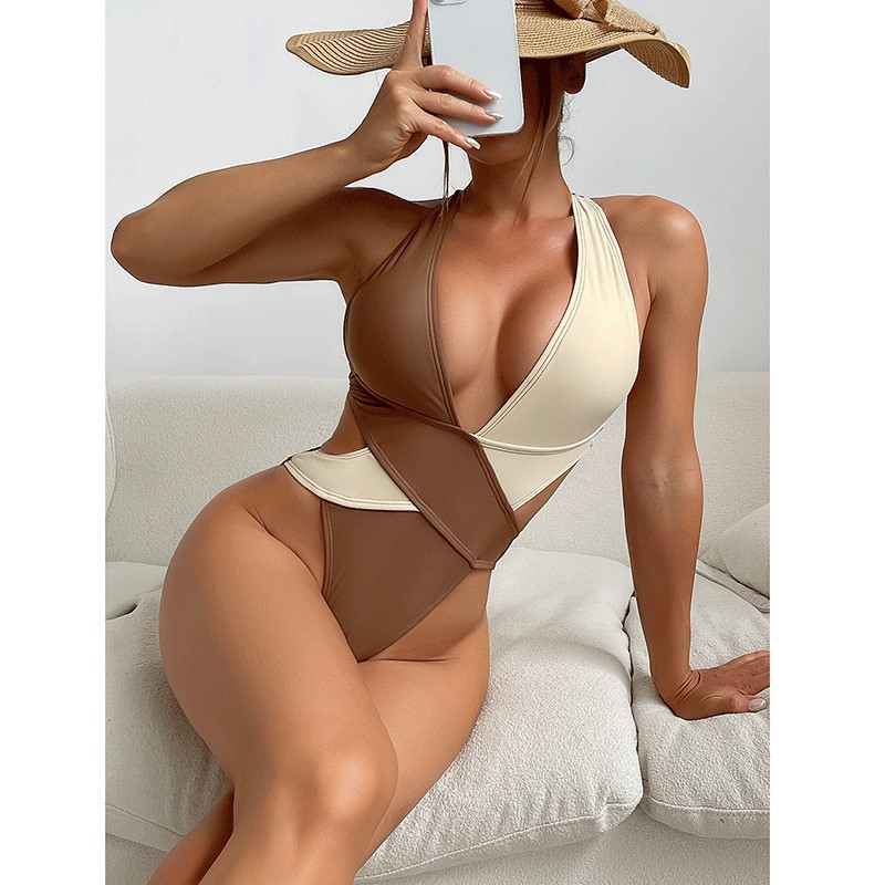 2023 New Stitching Cross High Waist One-piece Swimsuit European and American Sexy Backless Belly-covered Slim Swimsuit
