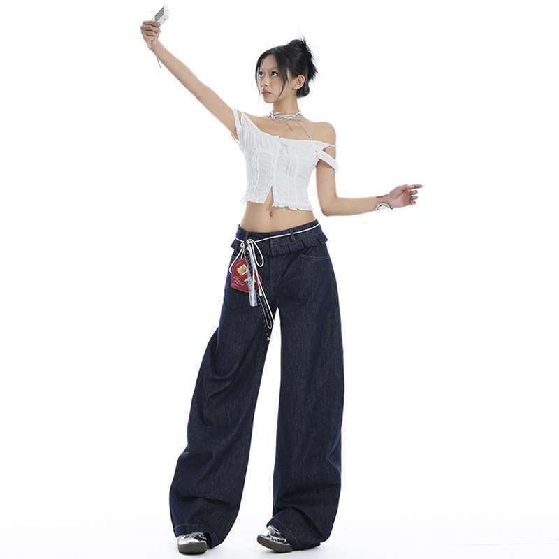 Ruffled Double Waistband American Style Spicy Girl*** Scimitar Pants Design Washed Versatile Slimming Denim Jeans for Women