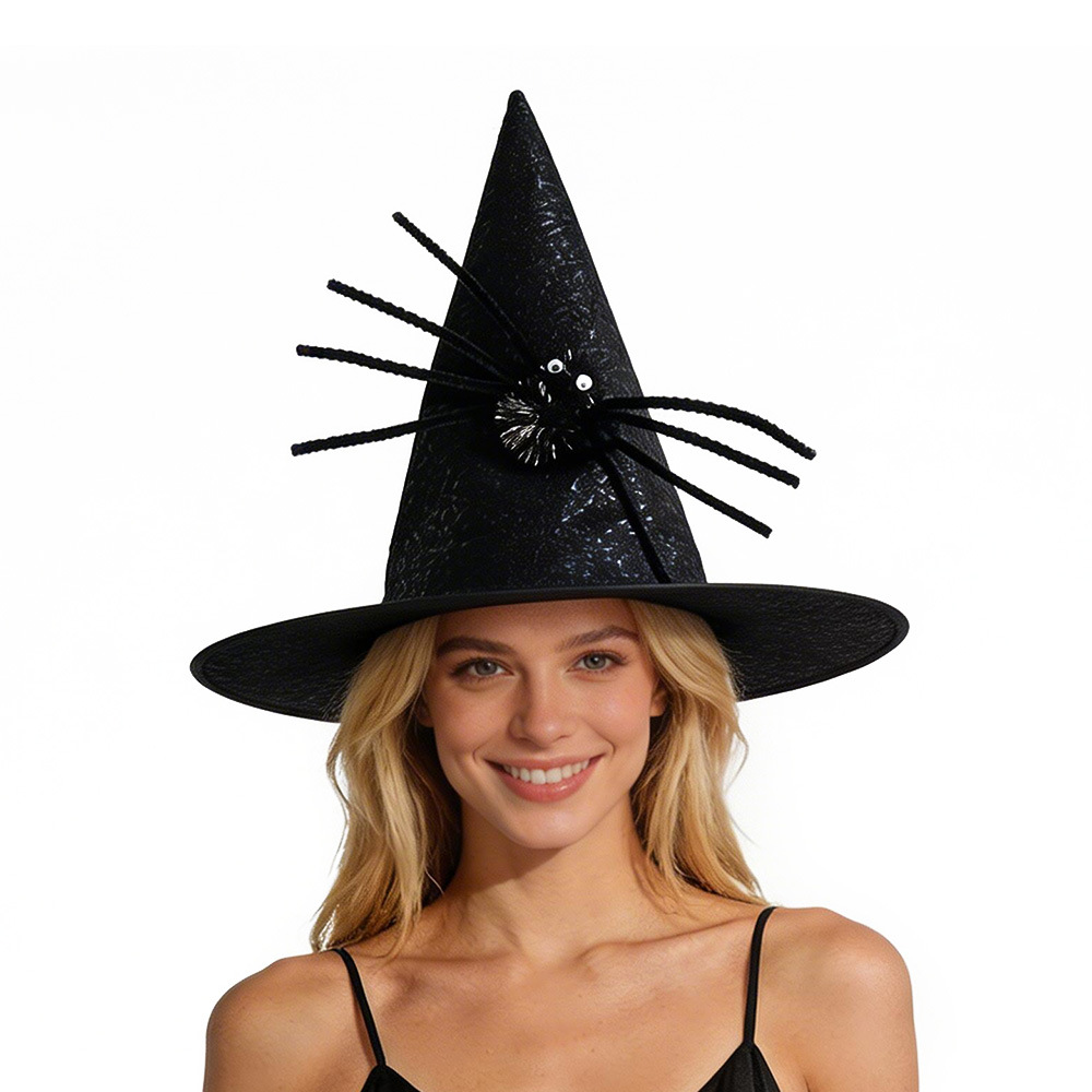 Sombrero de Bruja para Halloween, Accesorios de Disfraces, No Tejido, Negro, con Araña, para Niños y Adultos, Estilo Sombrero de Mago
